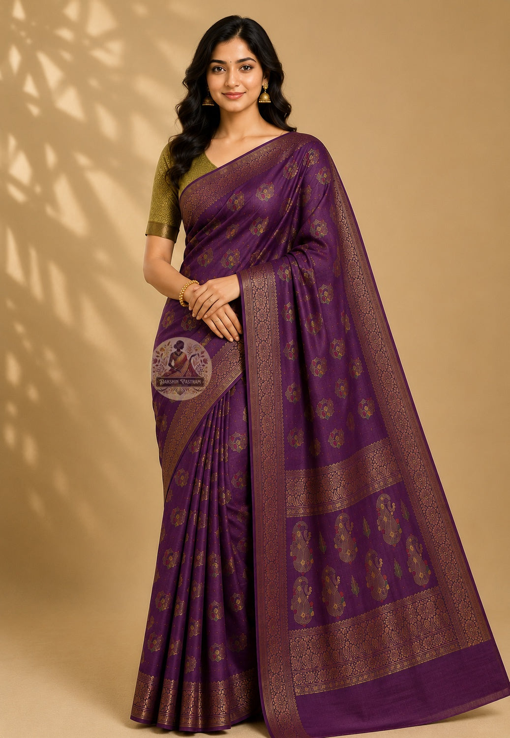 Front view of Banarasi Muga Tussar Saree in timeless naturally golden Muga silk with handwoven Banarasi zari border, draped elegantly for weddings and festive celebrations across India