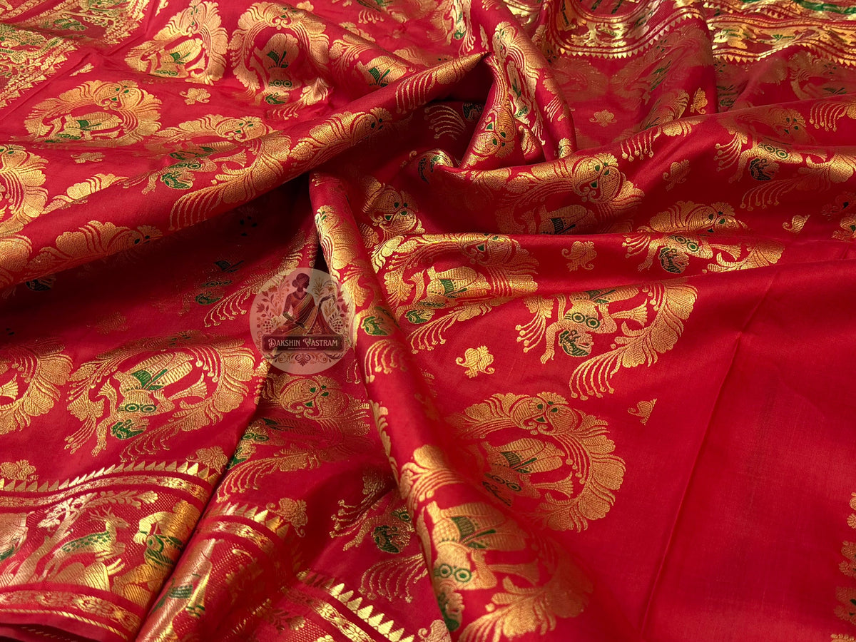 Traditional Bishnupur-inspired golden motifs woven into Swarnachari silk saree by Bengal artisans