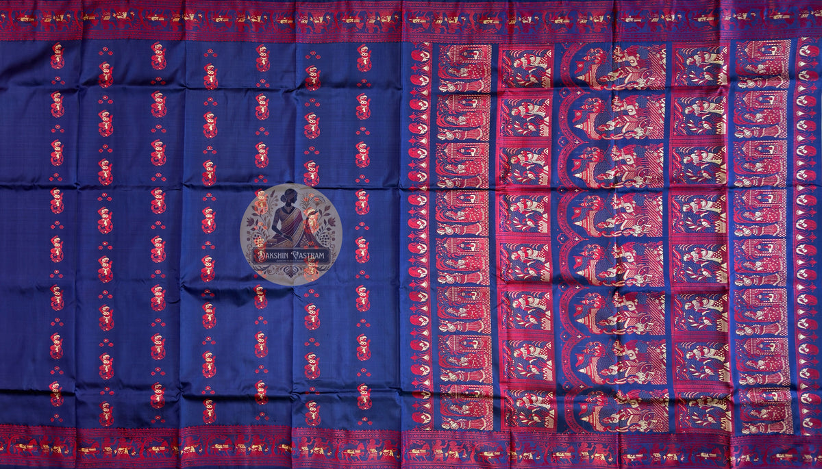 Bridal Baluchari silk saree in deep magenta with woven mythological figures and rich zari temple border