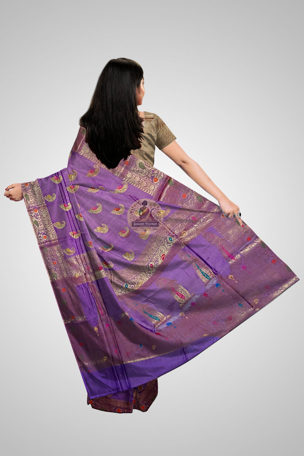 Shop Authentic Muga Silk Sarees – Rear angle with elegant pallu design