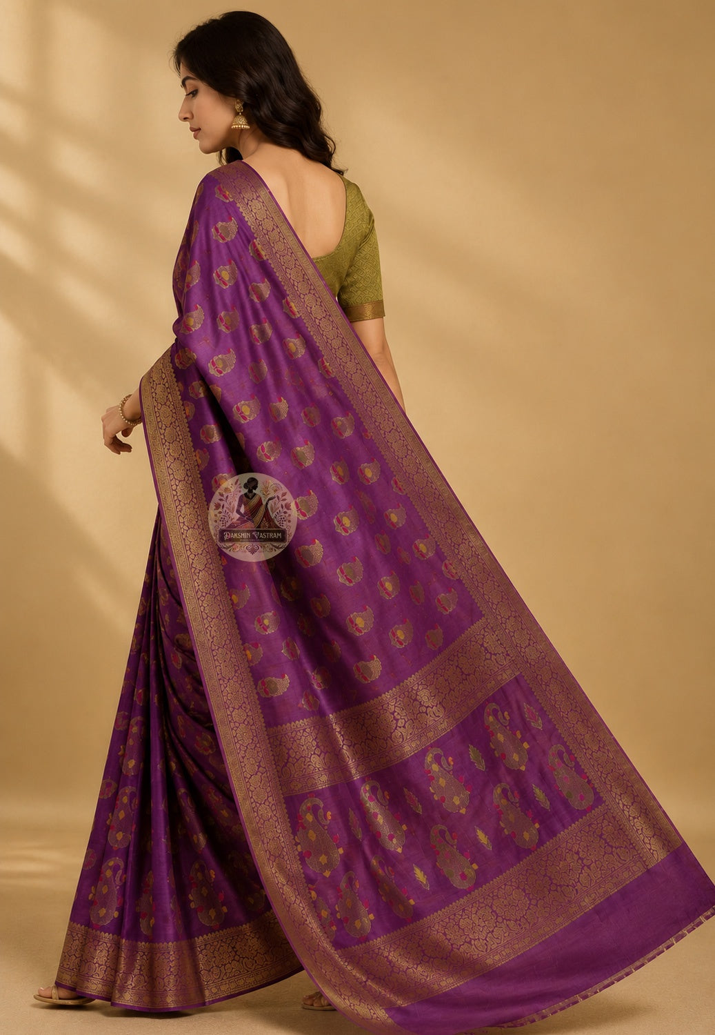Rear view of Banarasi Muga Tussar Saree displaying ornate handwoven zari pallu with traditional Varanasi buti, floral and geometric jaal motifs in gold thread