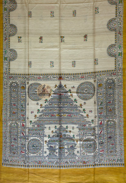 Full flat-lay of Ghicha Tussar Silk Saree displaying the complete handwoven weave, textured border and naturally toned pallu — authentic Ghicha Tussar silk, handwoven in India