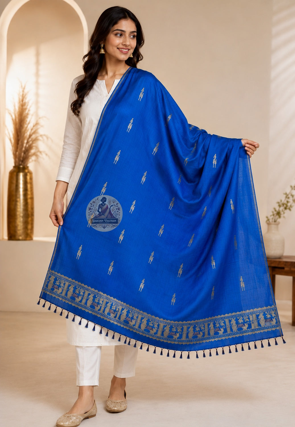 Front view of handwoven Baluchari silk stole in deep violet draped over white kurta – pure silk with golden mythological border, Dakshin Vastram