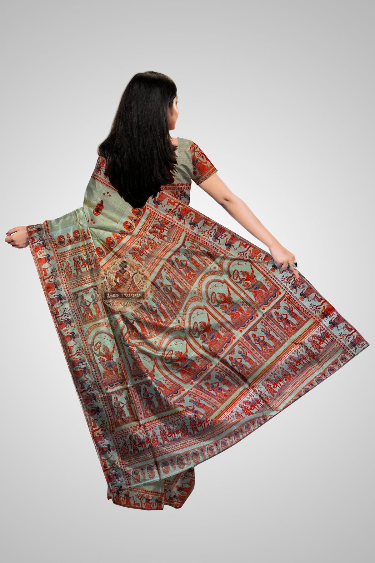 Buy Handwoven Baluchari Saree – Rear angle with epic motif pallu design