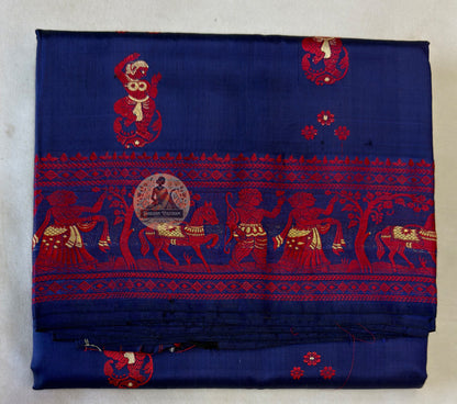 Lustrous Baluchari silk saree in midnight blue with gold figurative weave and heritage West Bengal craft