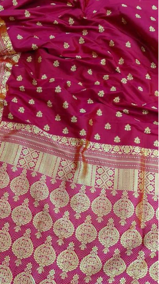 Front view of Assam Mulberry Silk Saree in timeless plain weave draped on model, showcasing the natural silk luminosity and graceful fluid drape of handwoven Northeast India silk