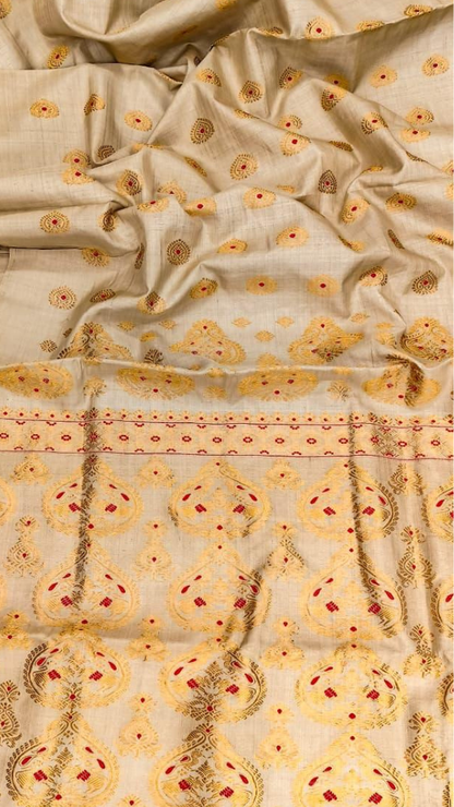 Pure Muga Silk Saree in natural golden amber drape – Assam handloom by Dakshin Vastram