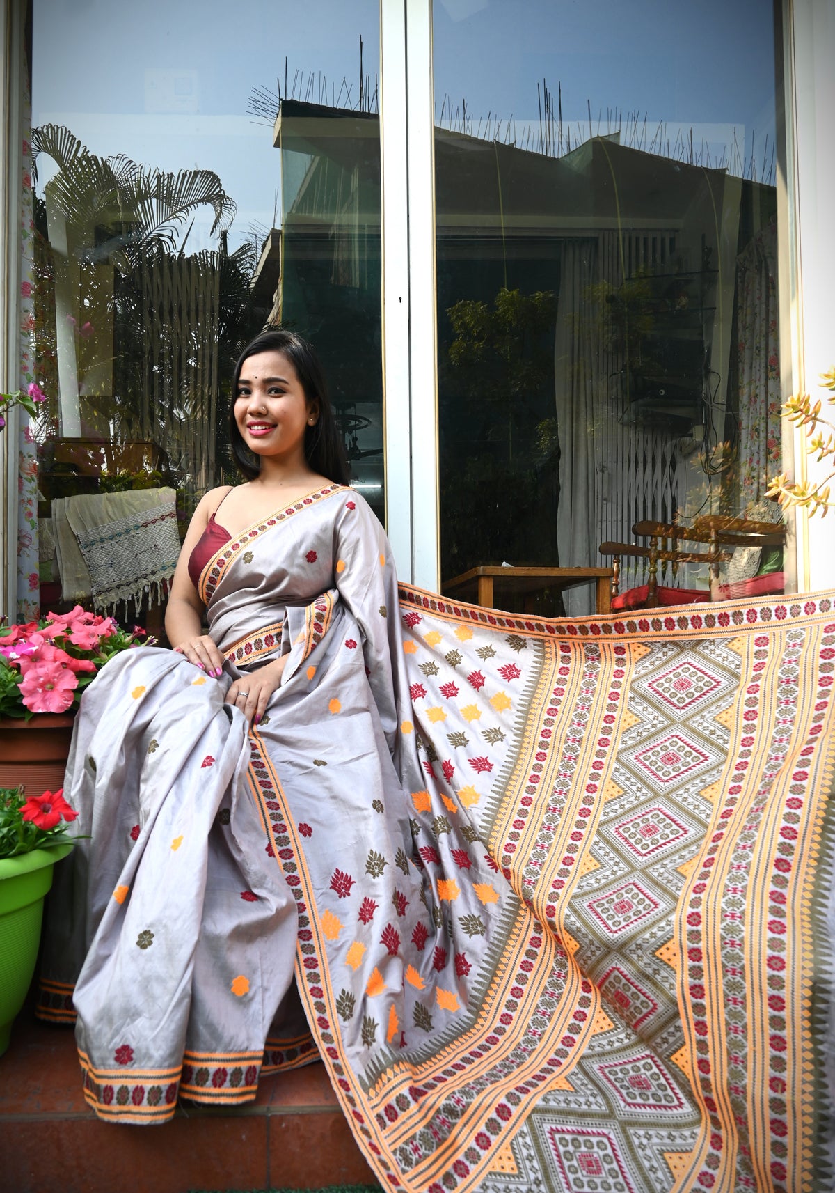 Shop Handloom Assam Saree online – Side profile in natural silk sheen