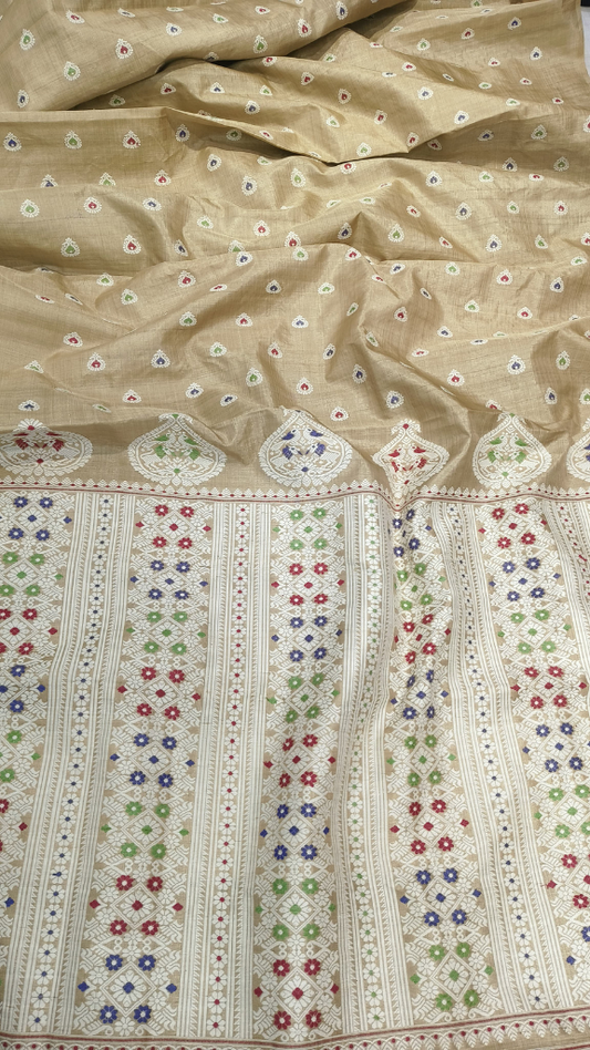 Muga silk saree in antique champagne-gold full drape, handwoven in Assam — a heirloom gift that deepens in beauty with every year, Dakshin Vastram