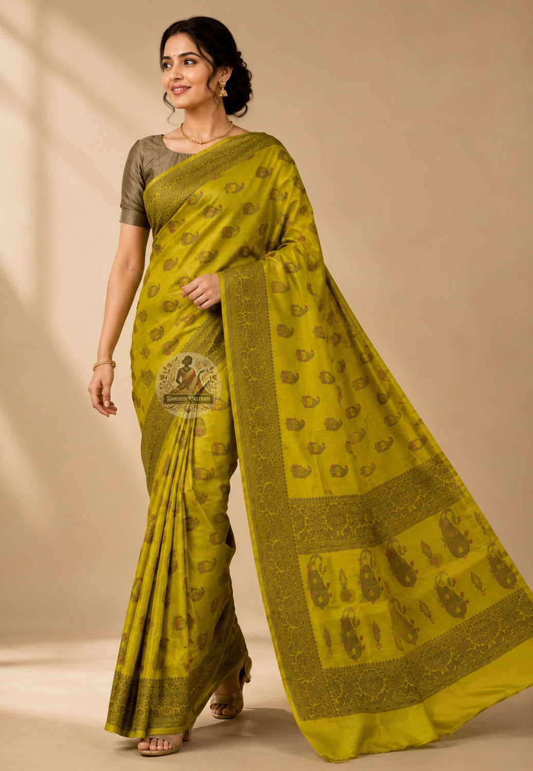Side profile of Banarasi Muga Tussar Saree showing graceful full-length drape and rich body of wild Muga silk with golden sheen