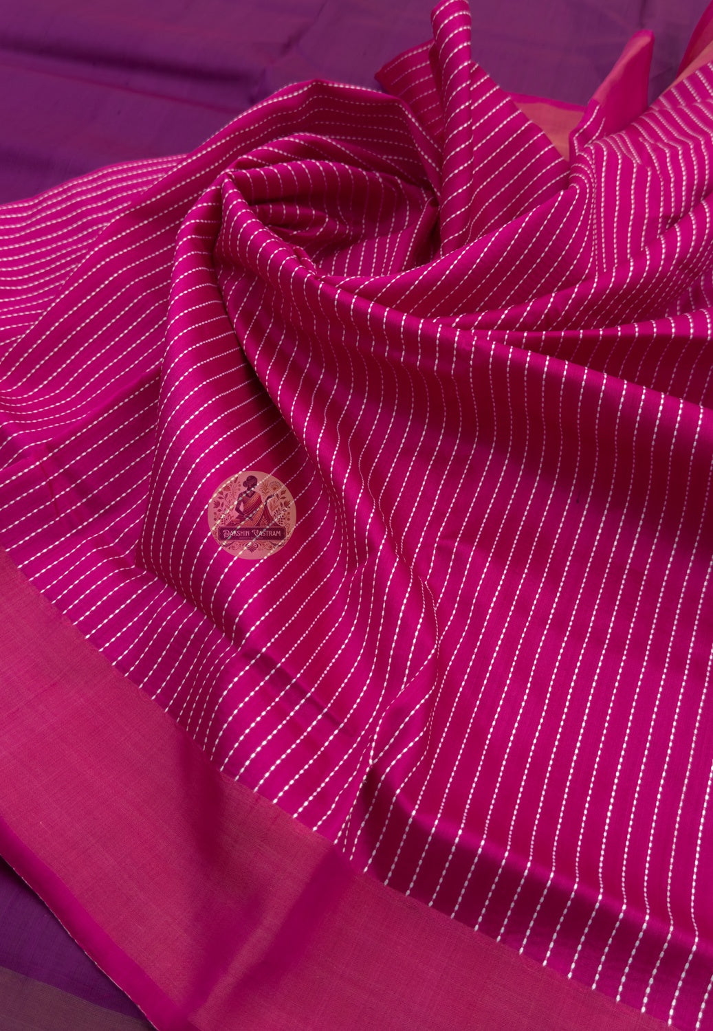 Close-up of handwoven motifs on Bishnupur Pure Katan Silk Saree, revealing intricate traditional Bengali patterns from Bishnupur's thousand-year weaving heritage in West Bengal