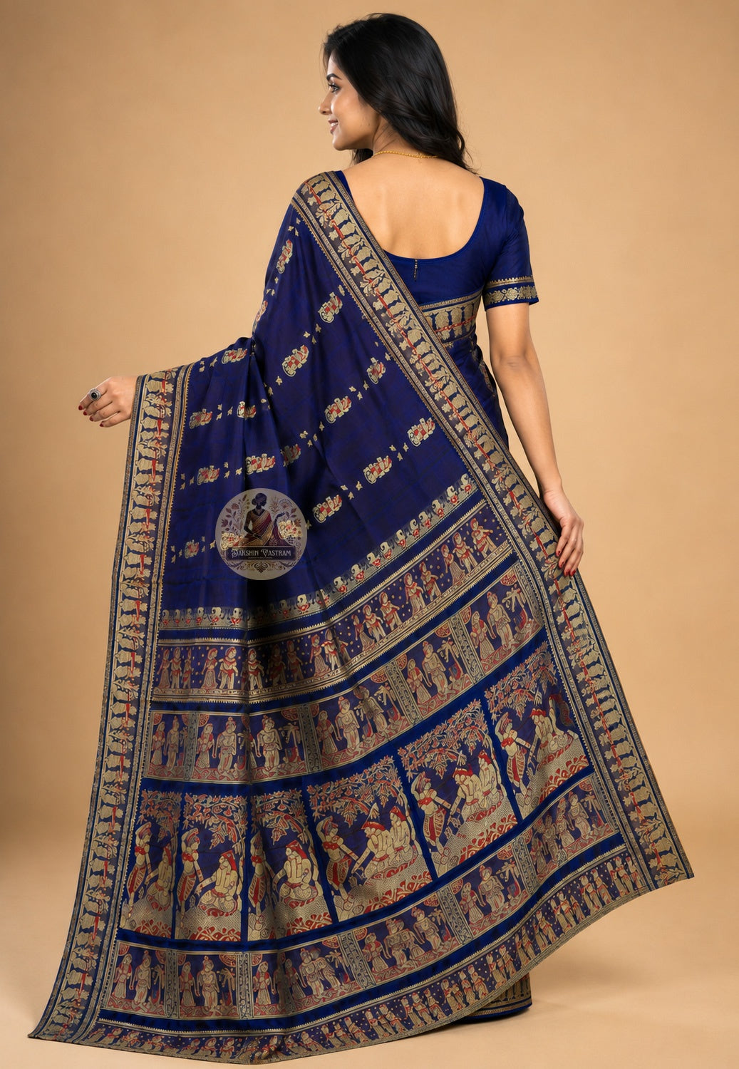 Rear view of Bishnupur Baluchari Silk Saree displaying richly handwoven pallu with mythological scenes from Mahabharata and Ramayana inspired by Bishnupur temple carvings