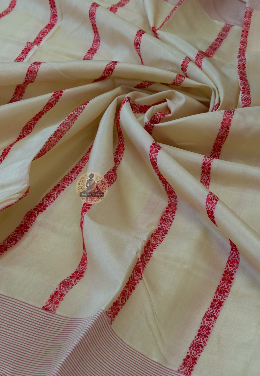 Tussar silk saree from Bhagalpur worn as wedding guest attire — woven-in border, natural gold drape, authentic pit loom handloom, Dakshin Vastram