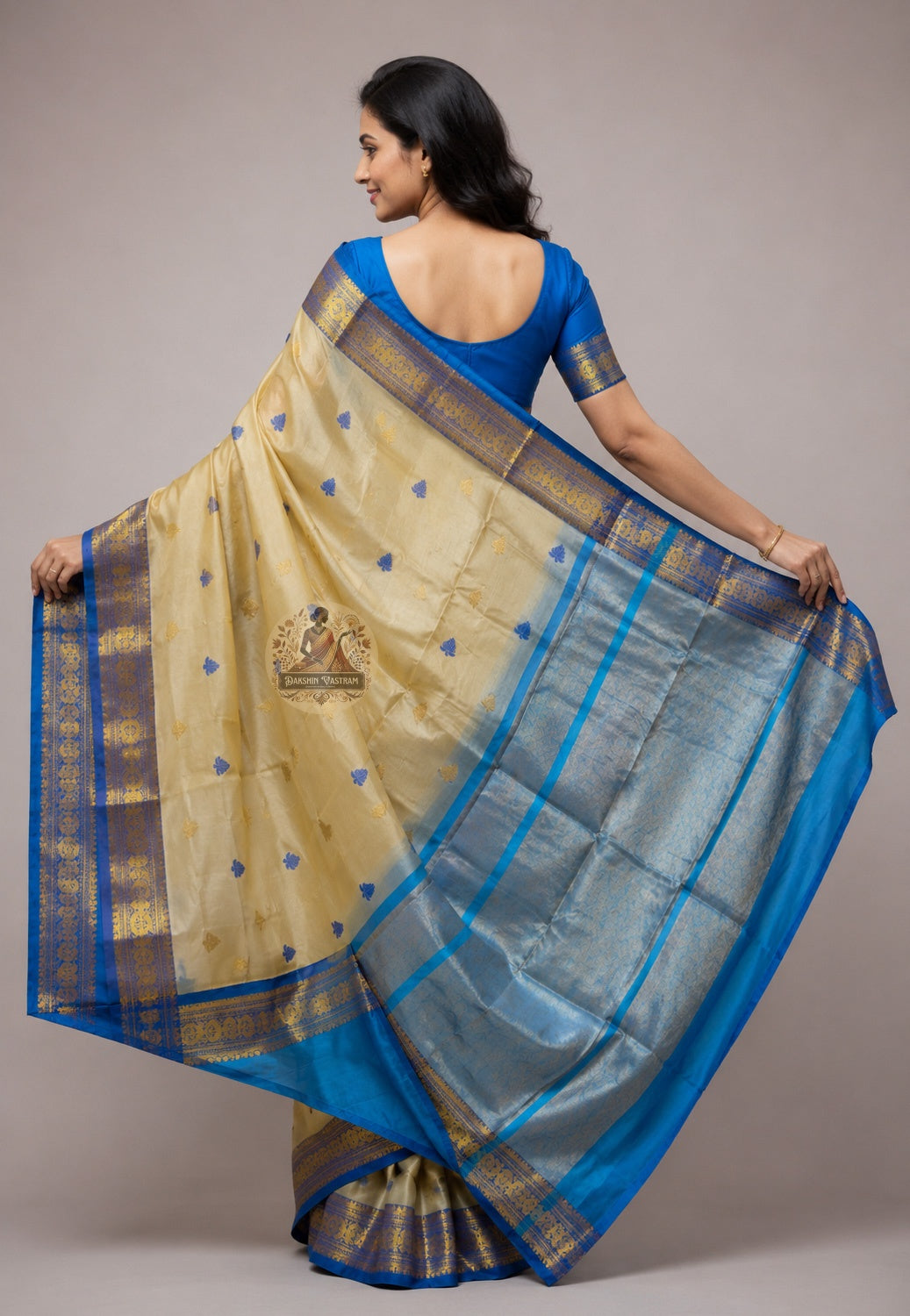 Woman in natural slub Tussar silk handloom saree styled for a Saraswati Puja academic ceremony — quiet authority and earthy elegance, Dakshin Vastram UK