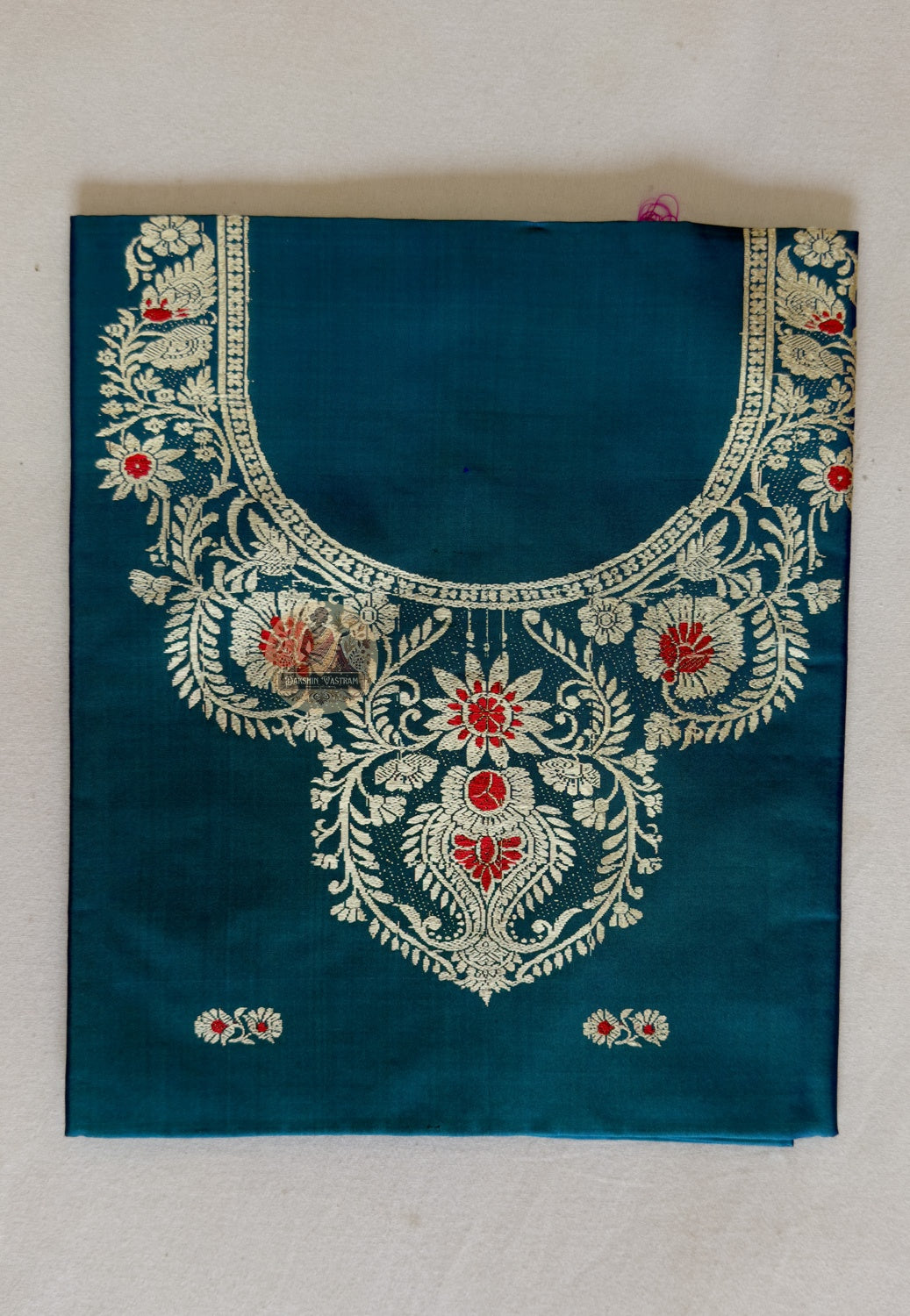 Peacock Green Baluchari Silk kurti fabric in premium heritage packaging – gift-ready Indian handloom textile from Dakshin Vastram
