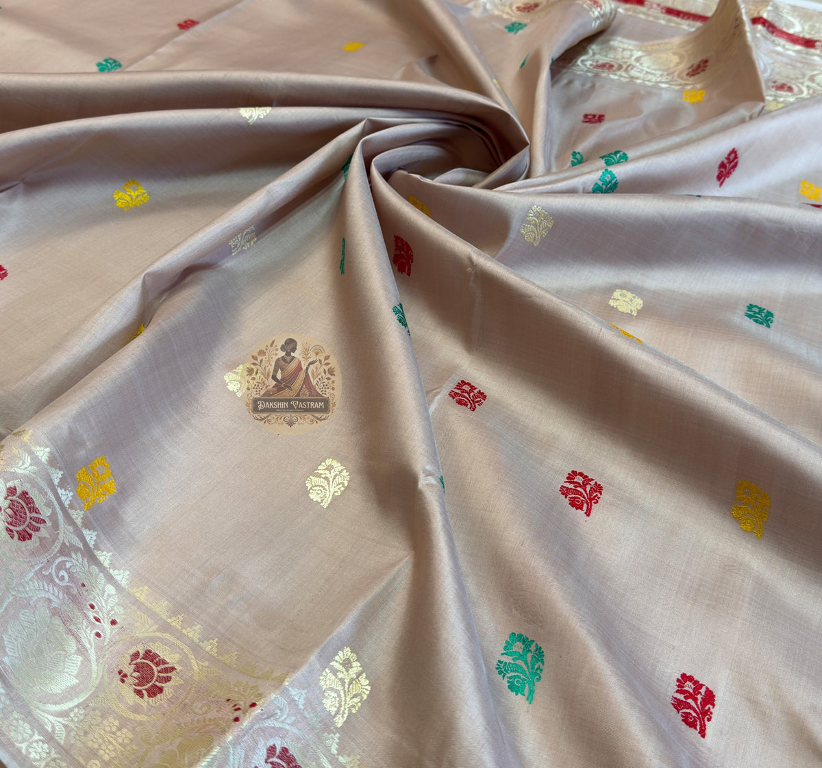 Full flat lay of GI-tagged Baluchari Mulberry Silk saree showing 6-yard length, dense narrative pallu and structured border