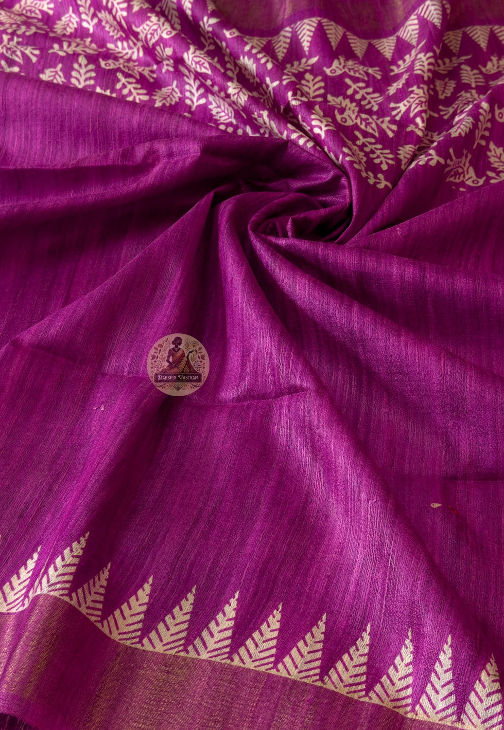 Close-up of Ghicha Tussar Silk weave revealing wild forest silk fibres, raised natural texture and warm variation — coarser, warmer and more alive than cultivated silk, woven by skilled artisan hands