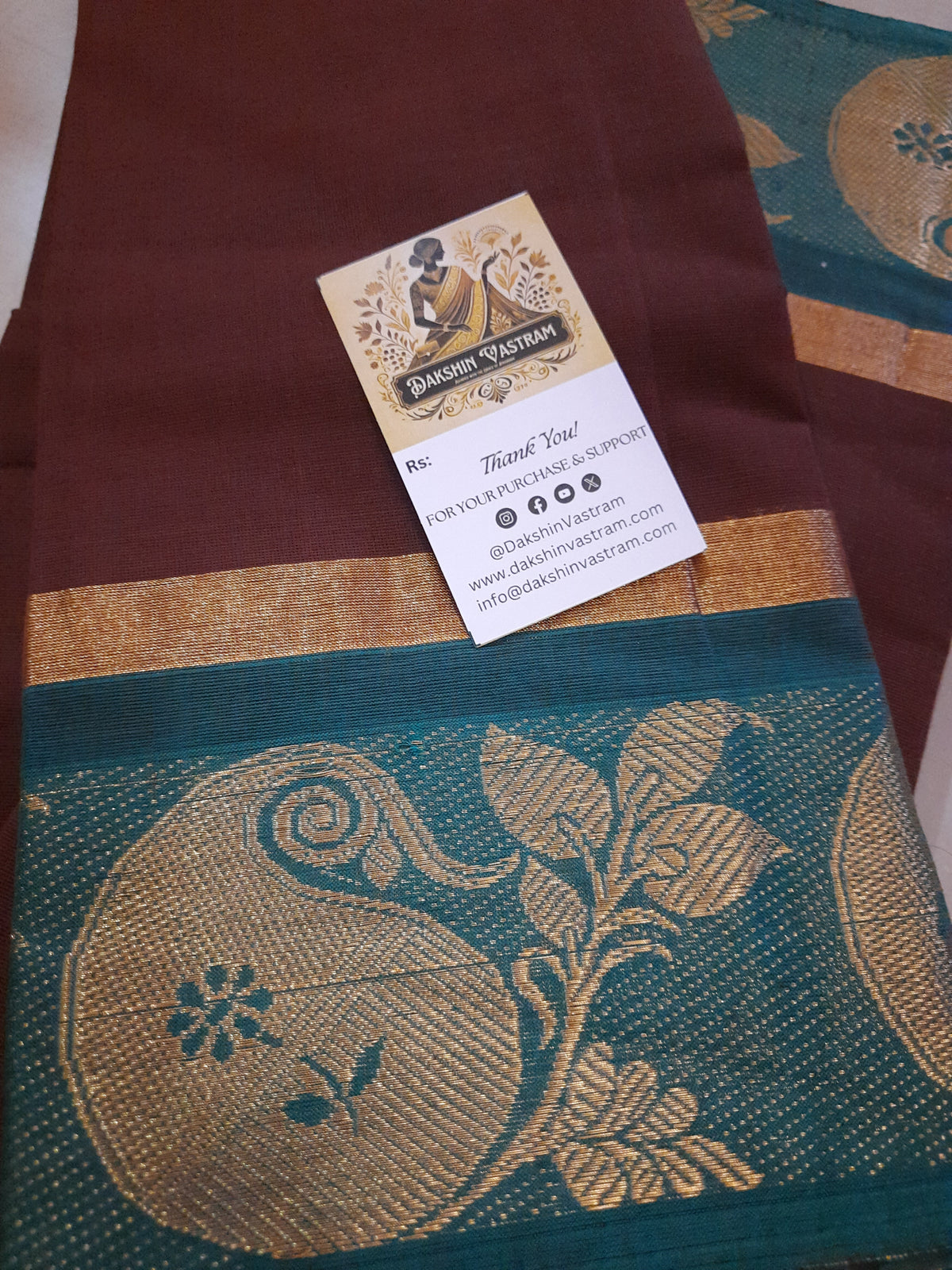 Saree Side View: Side profile of Copper Pet Saree with soft, breathable fabric and unique copper-colored border.