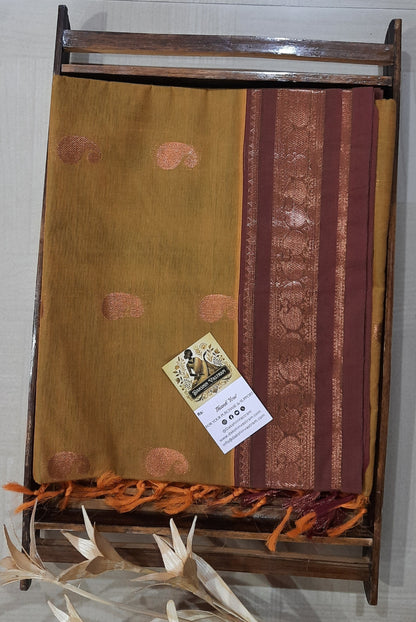 Front view of Handloom Copper Zari with organic cotton and intricate copper threadwork