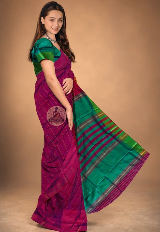 Side view of Bishnupur Katan Silk Saree showing elegant drape and structured fall, ideal for Durga Puja, Diwali and Bengali weddings
