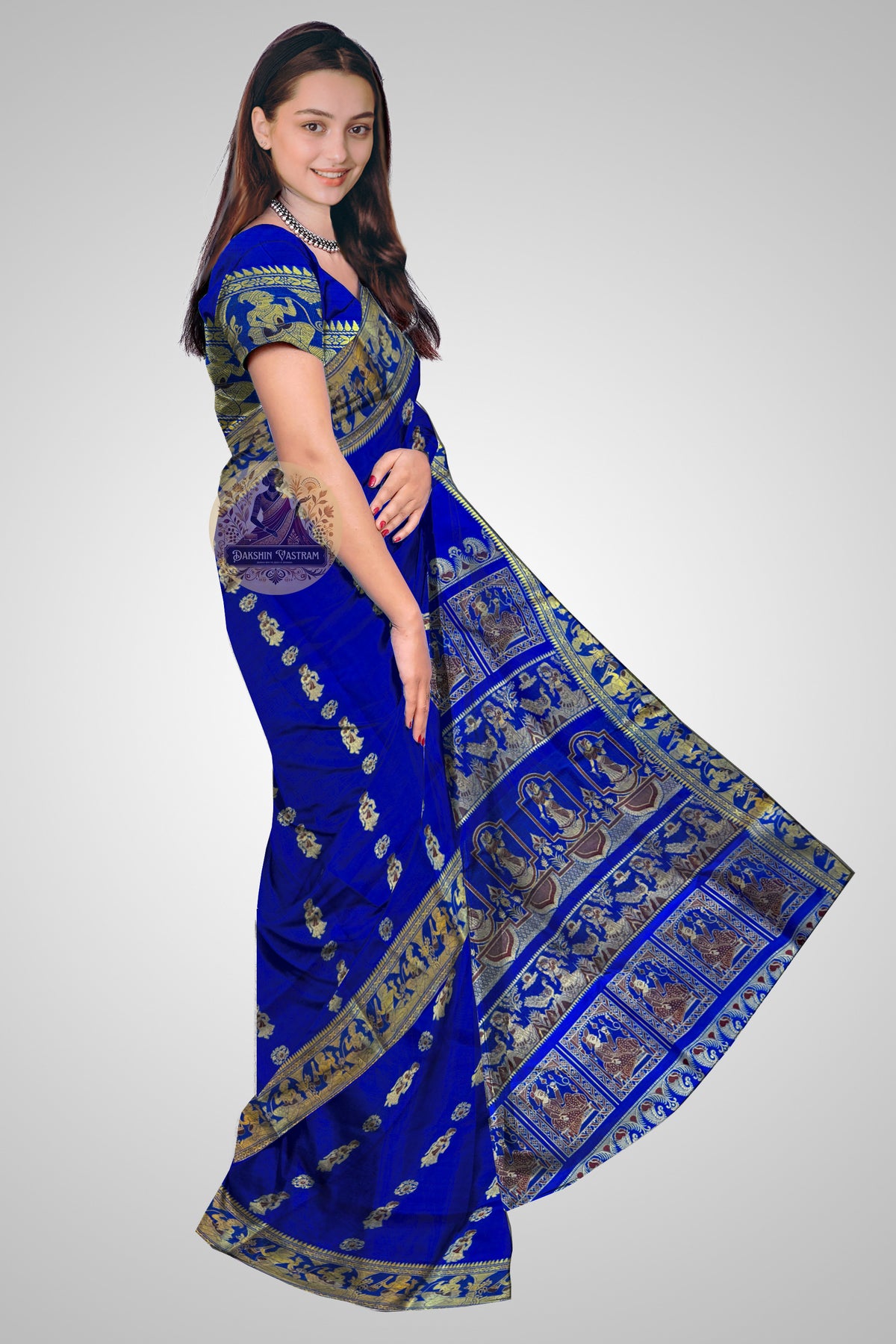 Shop Mulberry Silk Baluchari Saree – Side profile with temple-inspired drape