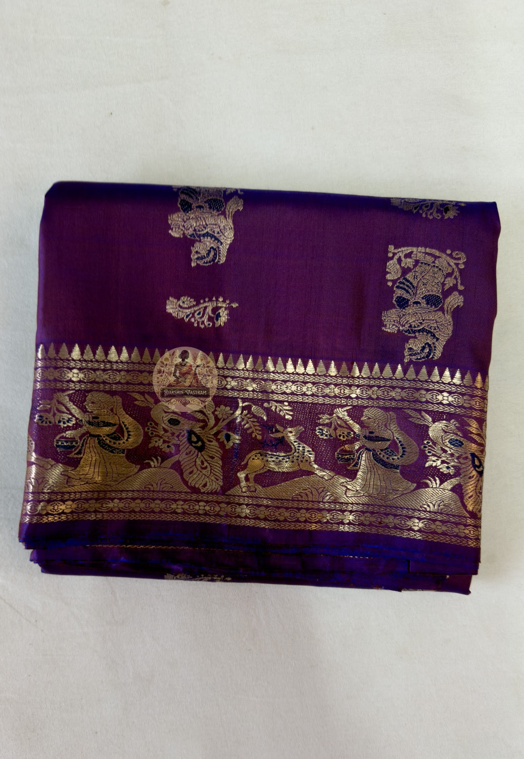 Pure silk Swarnachari saree with elegant gold zari motifs — South Asian bridal and formal occasion wear