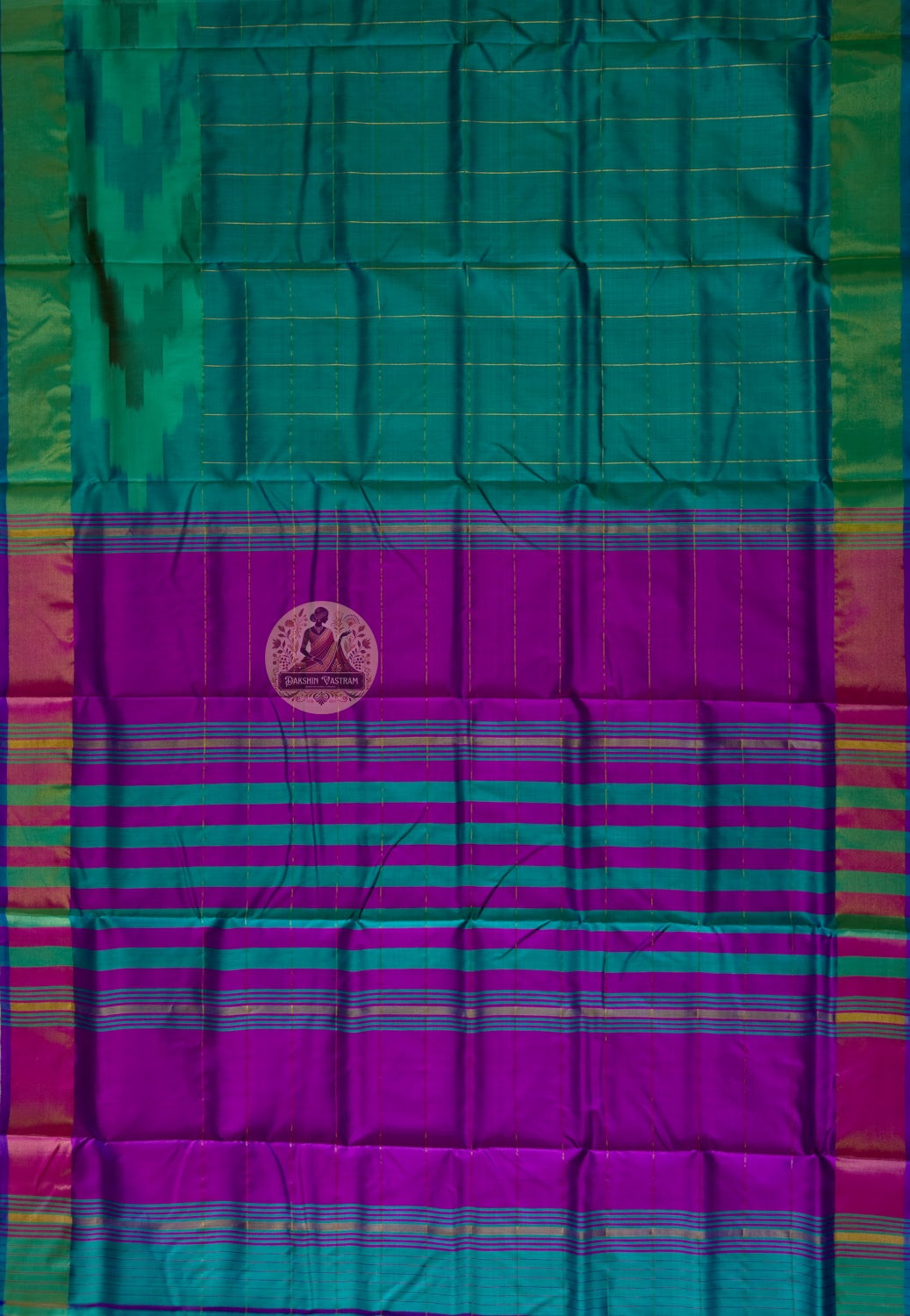 Full flat-lay of Bishnupur Pure Katan Silk Saree displaying the complete handloom weave, woven border and richly patterned pallu — handwoven in Bishnupur where silk becomes a feeling