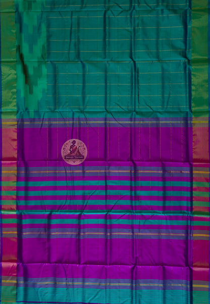 Full flat-lay of Bishnupur Pure Katan Silk Saree displaying the complete handloom weave, woven border and richly patterned pallu — handwoven in Bishnupur where silk becomes a feeling
