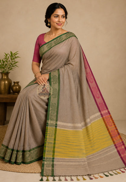 Side view of handloom cotton saree showing soft natural drape and graceful fall, ideal as a dignified gift for accomplished Indian women