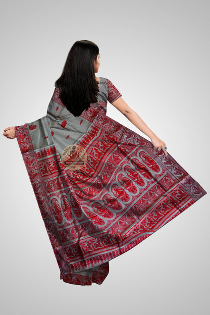 Pure silk Baluchari saree in dark mahogany with traditional Bengali figurative weave and ivory contrast temple pallu
