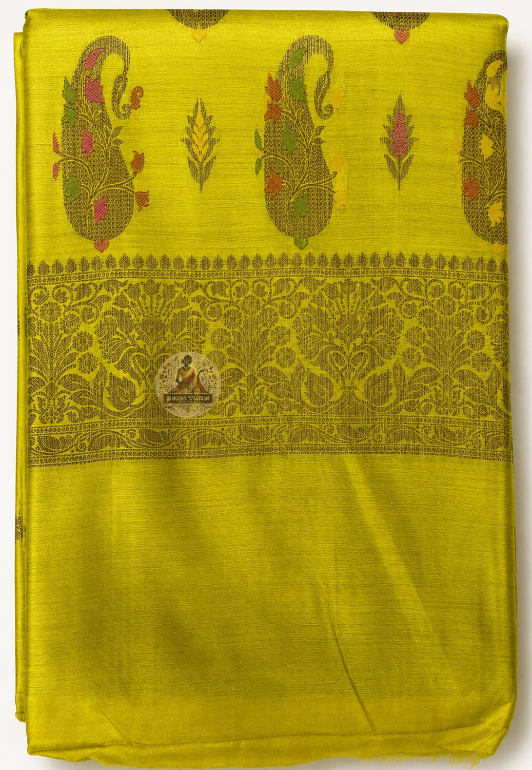 Detailed close-up of handwoven Banarasi pallu on Muga Tussar Saree with traditional zari jaal, paisley butis and gold floral border motifs