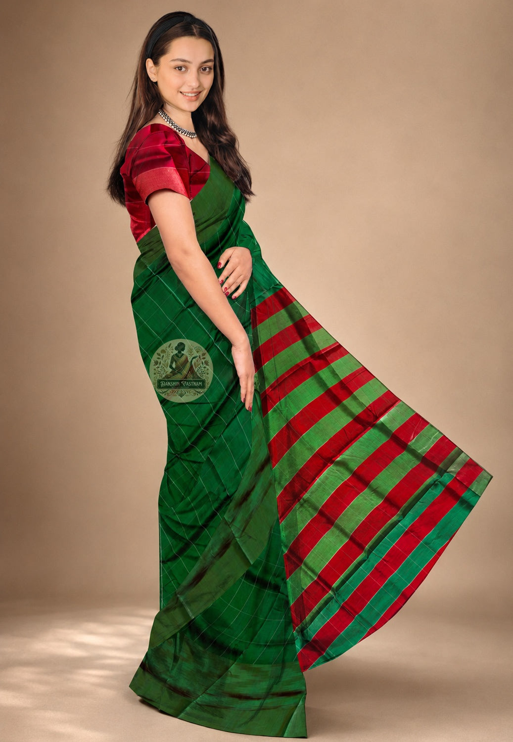 Side view of Bishnupur Katan Silk Saree showing the graceful fall and structured drape, perfect for Durga Puja, Bengali weddings and festive celebrations