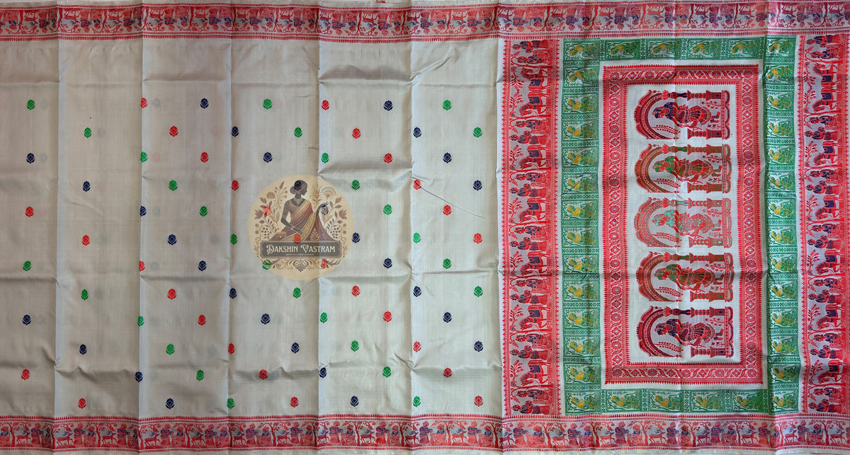 Unstitched blouse piece of pure Mulberry Silk Baluchari saree showing matching woven motif, traditional Indian bridal wear