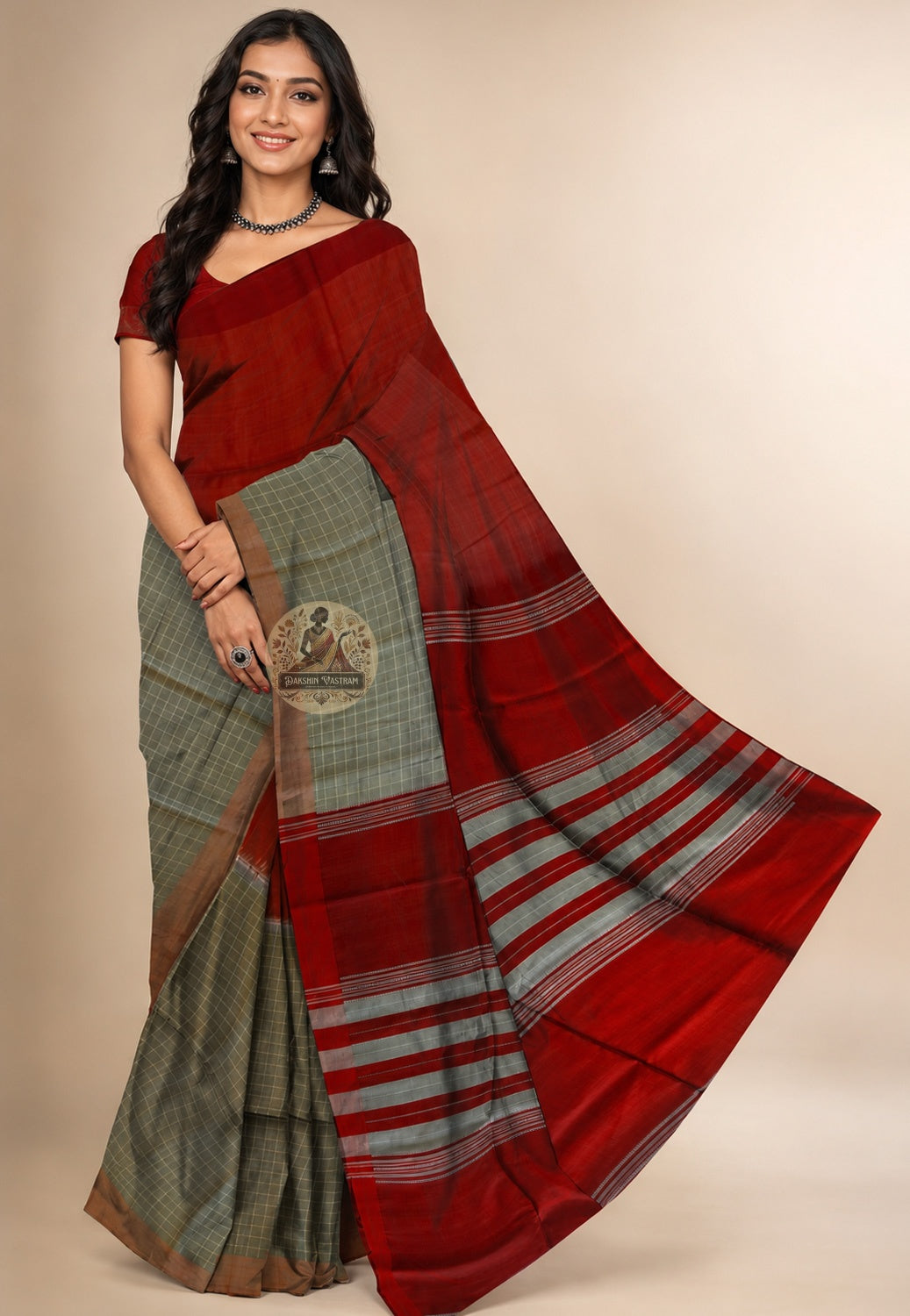 Front view of Bishnupur Pure Katan Silk Saree draped on model, showcasing handwoven Bengal heritage motifs and the quiet, lasting sheen of pure mulberry silk