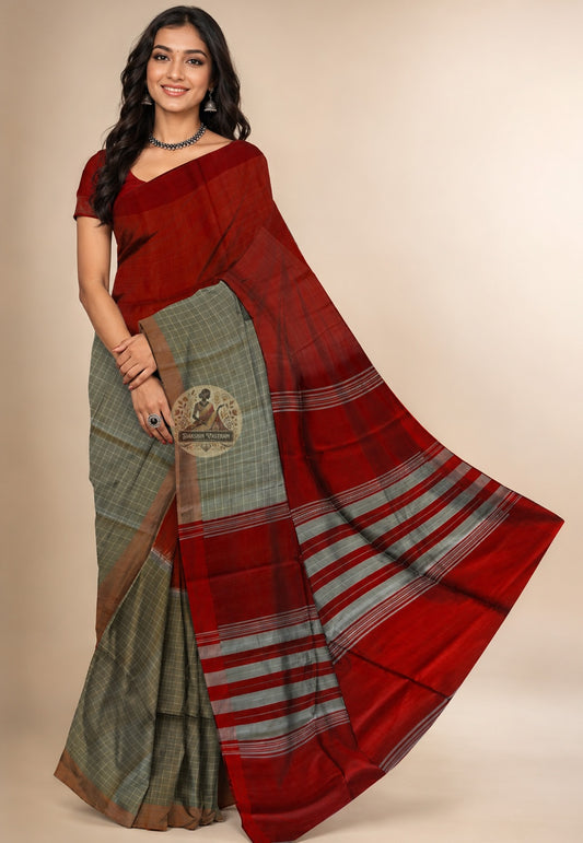 Front view of Bishnupur Pure Katan Silk Saree draped on model, showcasing handwoven Bengal heritage motifs and the quiet, lasting sheen of pure mulberry silk