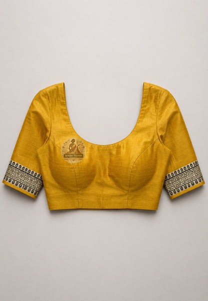 Close-up of Ghicha Tussar Silk blouse fabric showing irregular raw silk weave and natural warm tone, handcrafted by artisans for Karva Chauth and Indian wedding ceremonies