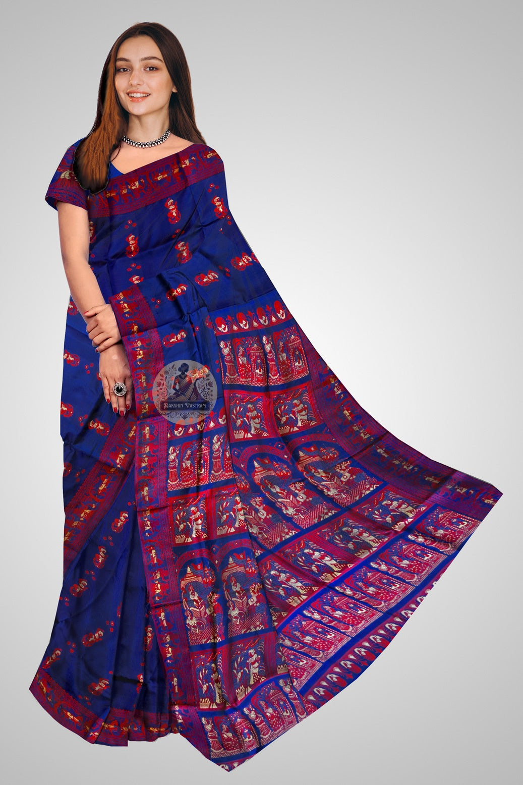 Handwoven Baluchari silk saree in copper brown with intricate Ramayana figures on gold zari pallu