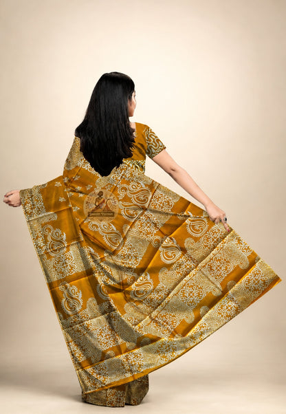 Bishnupur Silk Block Print Saree draped in classic style – premium festive saree for weddings in Mumbai and cultural evenings in Bengaluru