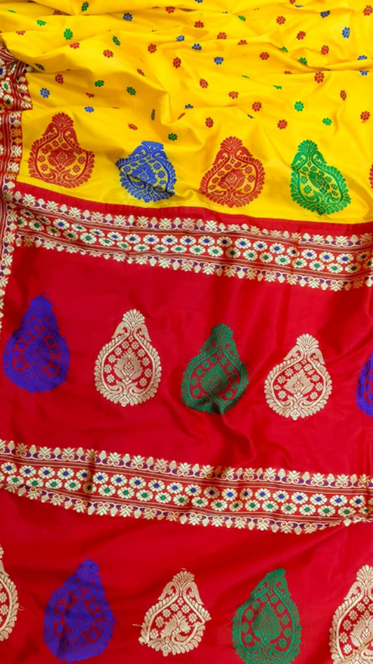 Buy Assam silk saree – side angle showing smooth silk flow