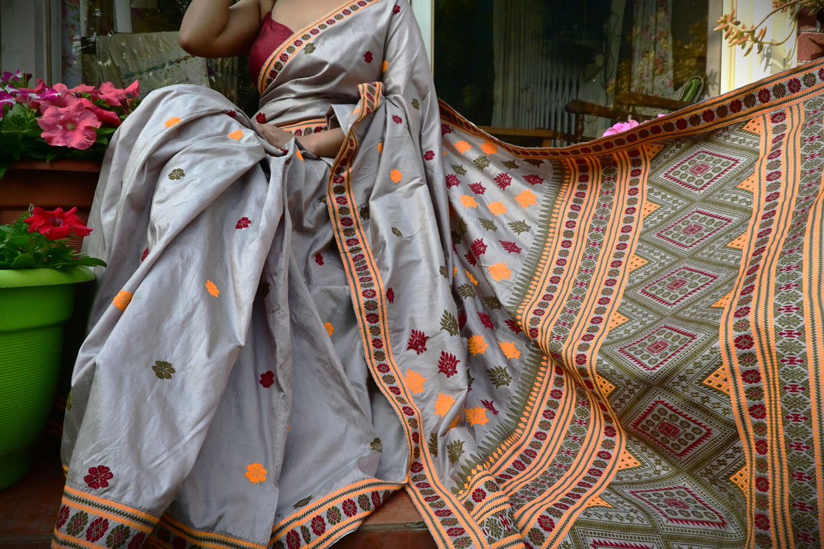 Buy Mulberry Silk Sarees – Rear view with traditional Assamese motifs