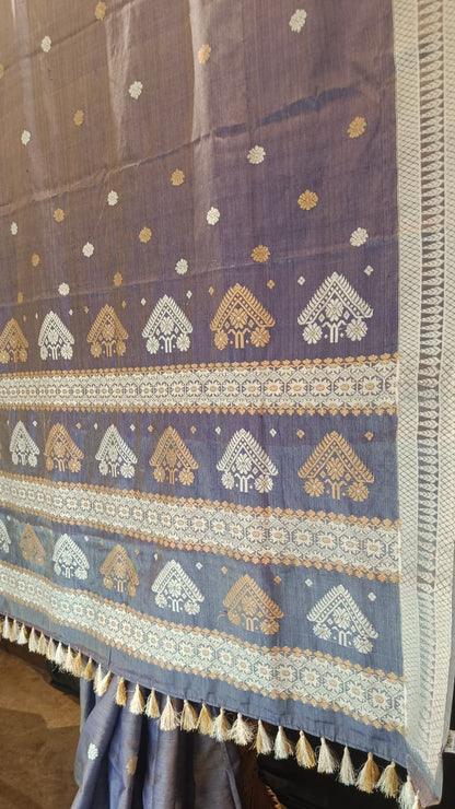 Buy Toss Mulberry Assam Silk Saree – Rear angle with elegant drape