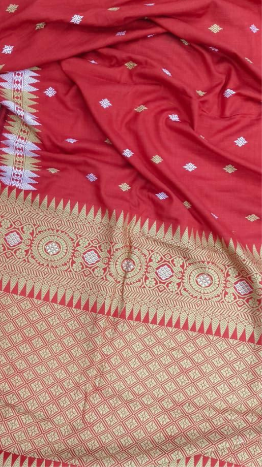 Indian woman elegantly draped in pure Eri silk saree, traditional Assamese handloom, soft matte finish