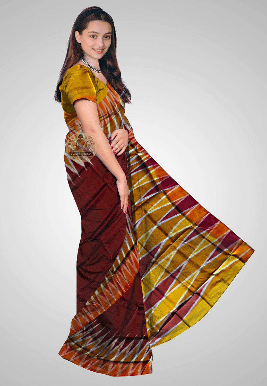 Buy Luxury Silk Kotki Saree Online – Side pose showing flowing silk