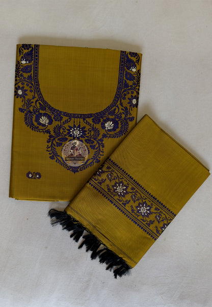 Traditional Baluchari woven border motifs on mustard yellow mulberry silk kurti piece — festive and wedding occasion wear