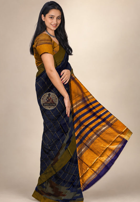 Side view of Bishnupur Katan Silk Saree showing the effortless fall and structured drape, perfect for Durga Puja, Bengali weddings and festive occasions
