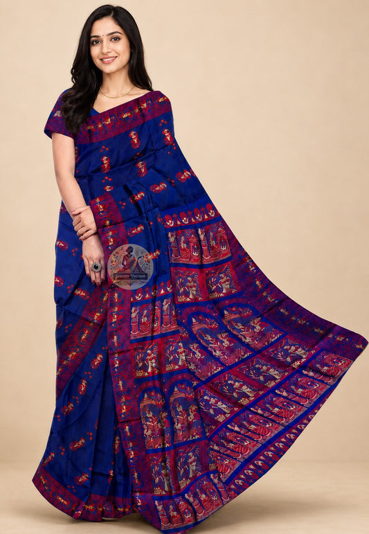 Front view of Baluchari Silk Saree in pure lustrous silk with handwoven mythological motifs on pallu and border, draped elegantly for Durga Puja and wedding occasions in Kolkata