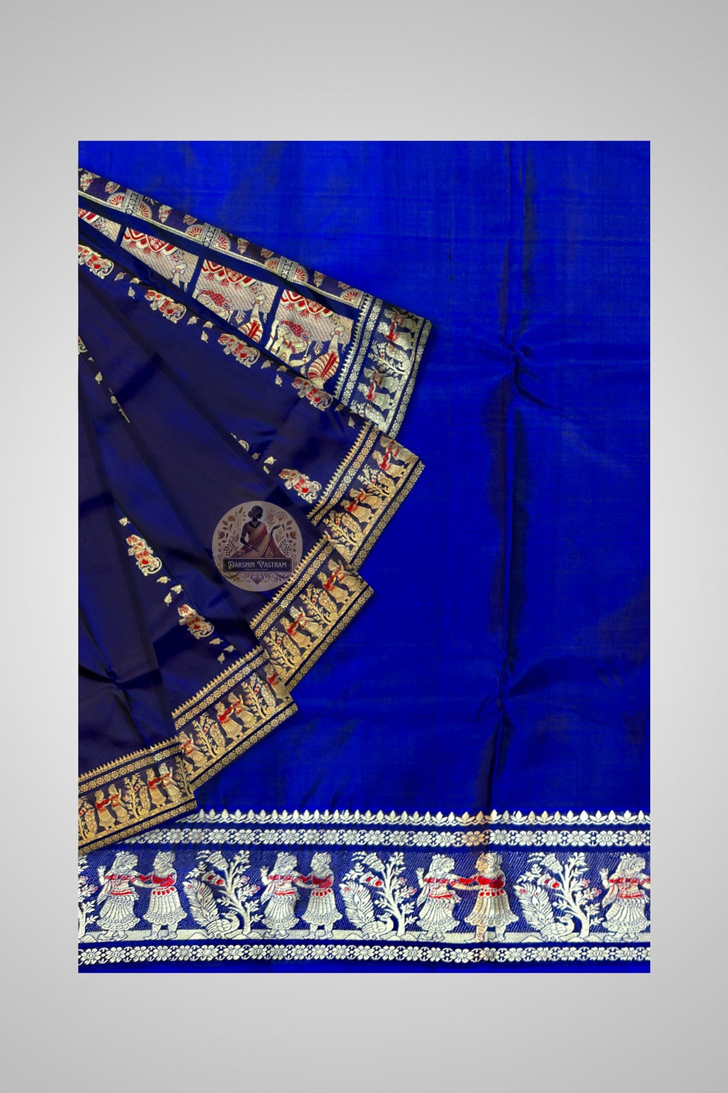 Full drape view of pure silk Baluchari saree in royal blue with contrasting ivory border and temple motifs