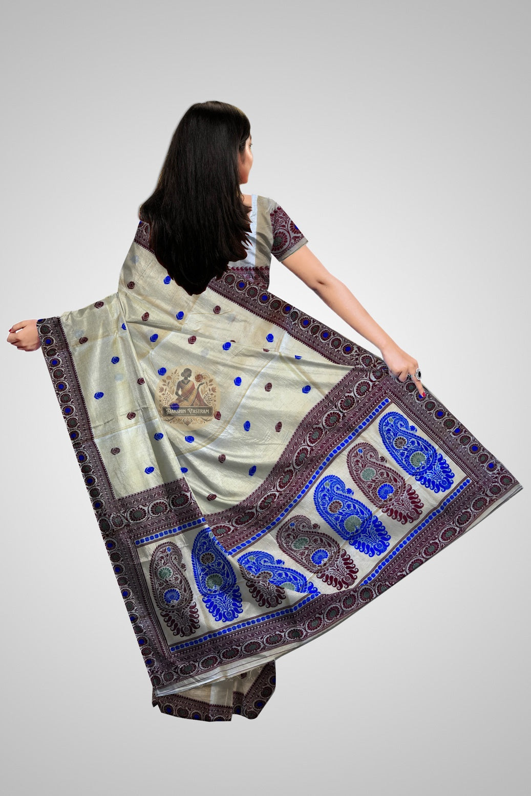 Pure silk Baluchari saree in dark spruce green with traditional Bengali figurative weave and ivory temple pallu