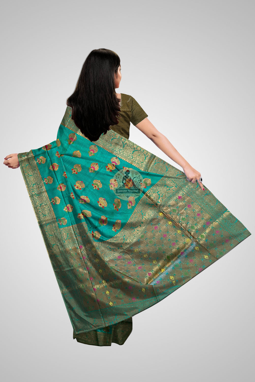 Explore Handloom Muga Saree – Rear view with woven pallu art