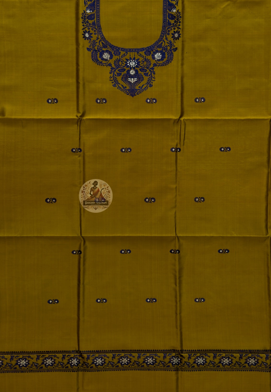 Unstitched handloom Baluchari silk kurti fabric in warm mustard yellow with Resham neckline — ideal for Navratri and Diwali